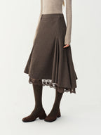 Women's Woolen Skirt Lace Panel Asymmetric Hem A-Line Empire Waist Mid-Calf Knit Casual Office Winter