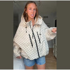 Polka Dot Hooded Women's Jacket Chic Turtleneck Zipper Long Sleeve Pockets Thin Coat 2026 Autumn Outerwear