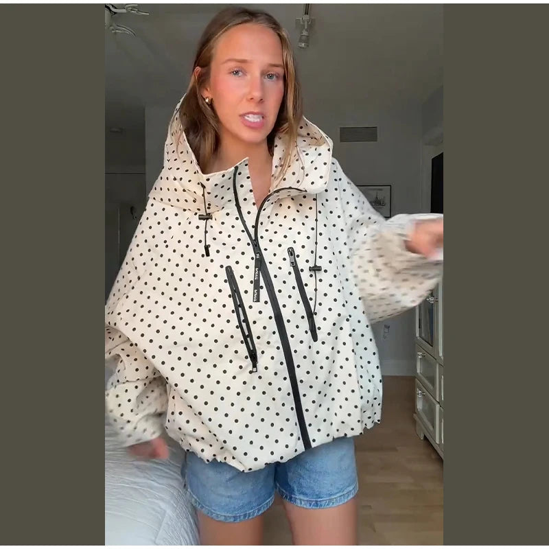 Polka Dot Hooded Women's Jacket Chic Turtleneck Zipper Long Sleeve Pockets Thin Coat 2026 Autumn Outerwear