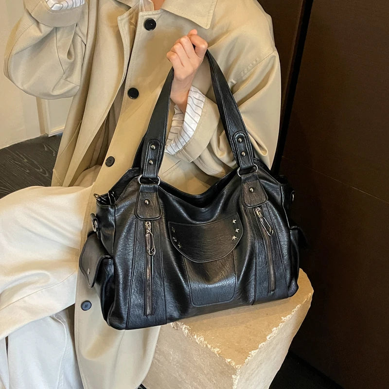 Women's Hobo Bag Vintage Large-Capacity Soft PU Leather Rivet-Accent Zipper Shoulder Bag with Phone Pocket