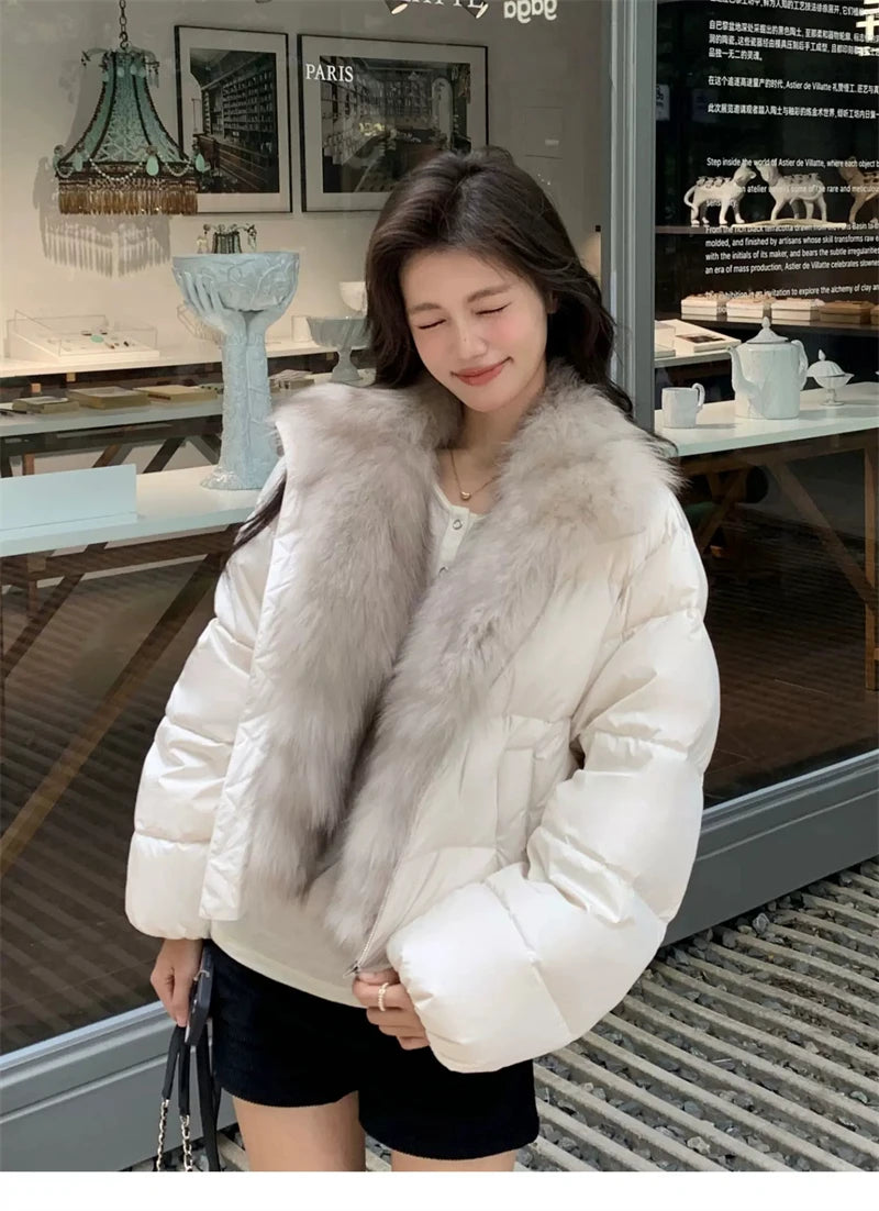 Women's Cropped Puffer Jacket with Faux Fur Collar
