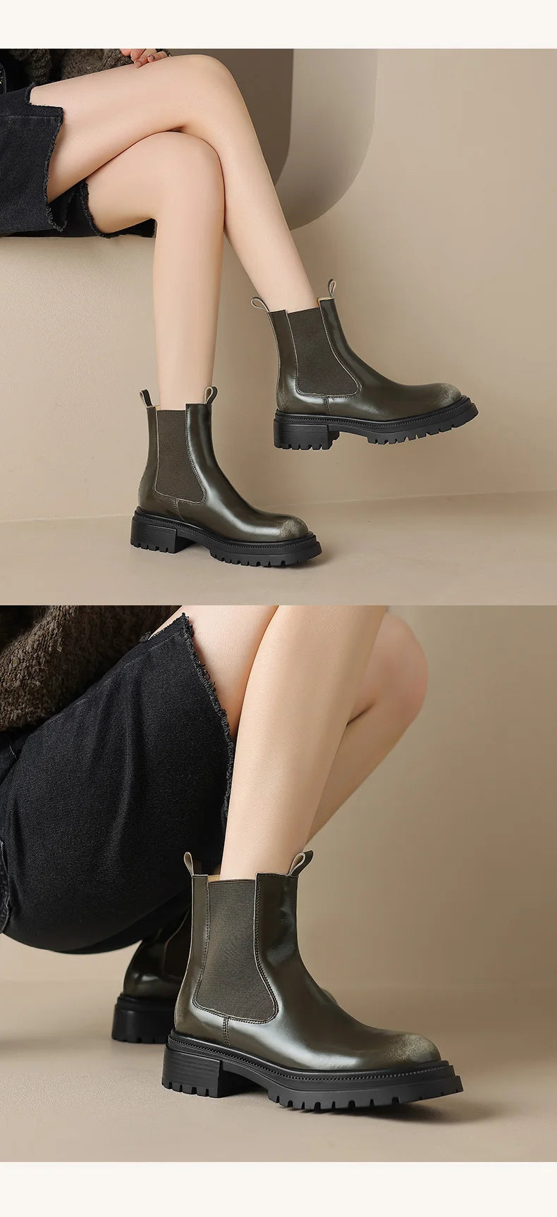 Arden Furtado Women's Calfskin Leather Chelsea Ankle Boots – Round Toe Square Heel