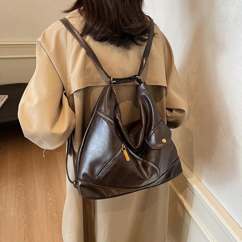 Large Leather Shoulder Bags Irregular Zip Outer Pockets Women Soft Handbags