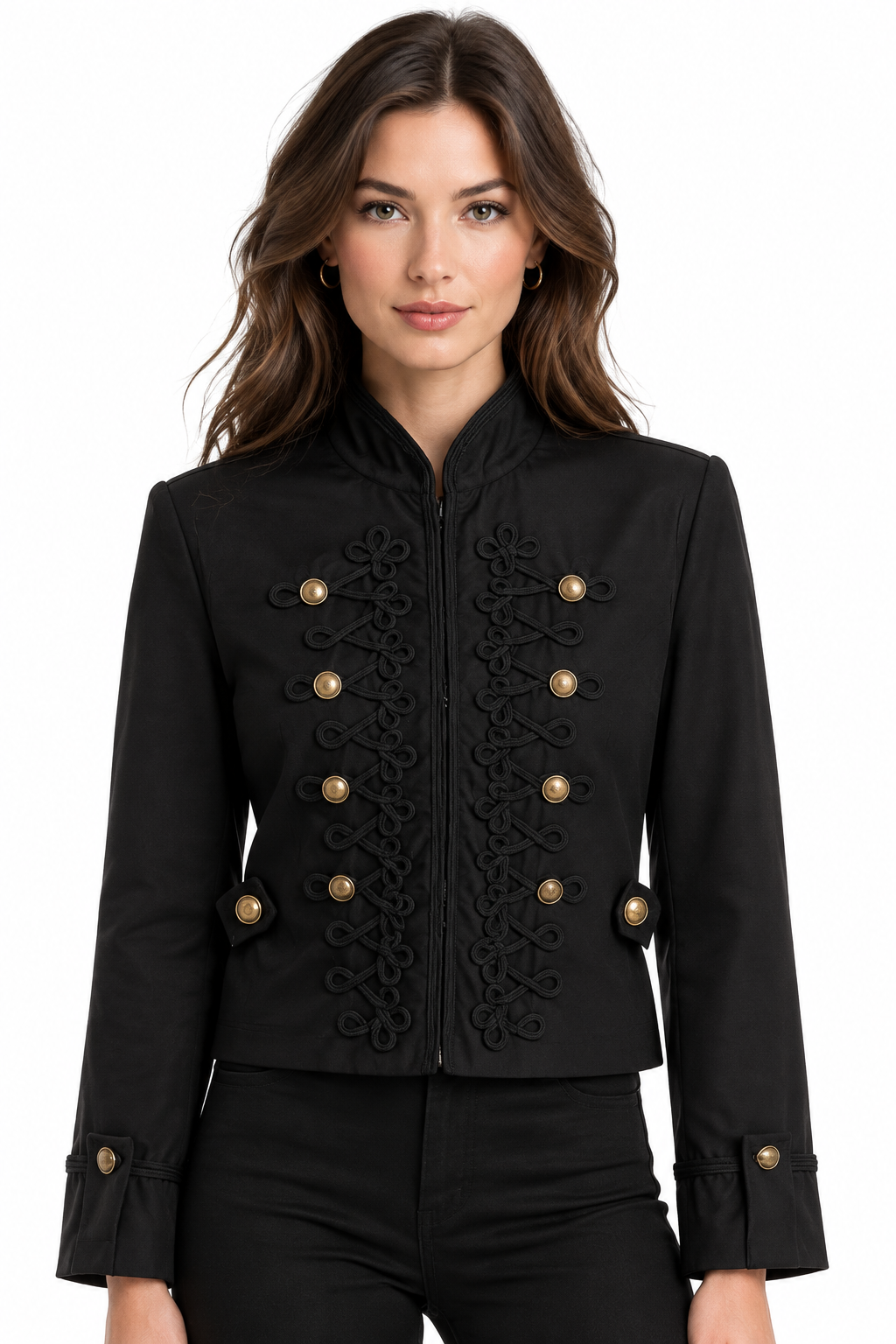 Women's Jacket Vintage Solid Knot Button Single-Breasted Stand Collar Full-Sleeve Slim Short Outerwear Coat