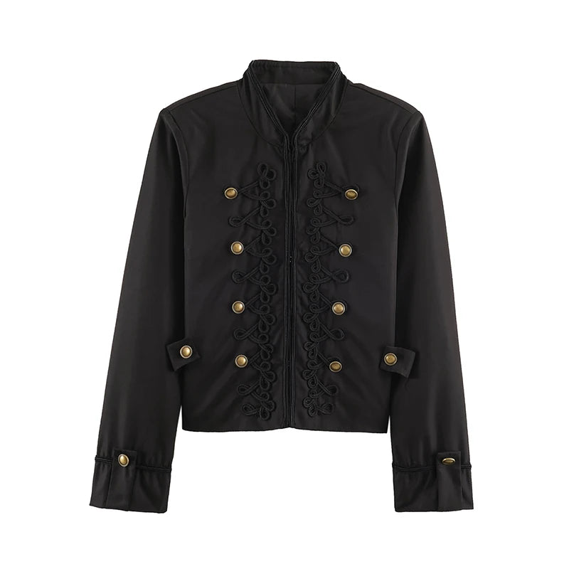 Women's Jacket Vintage Solid Knot Button Single-Breasted Stand Collar Full-Sleeve Slim Short Outerwear Coat
