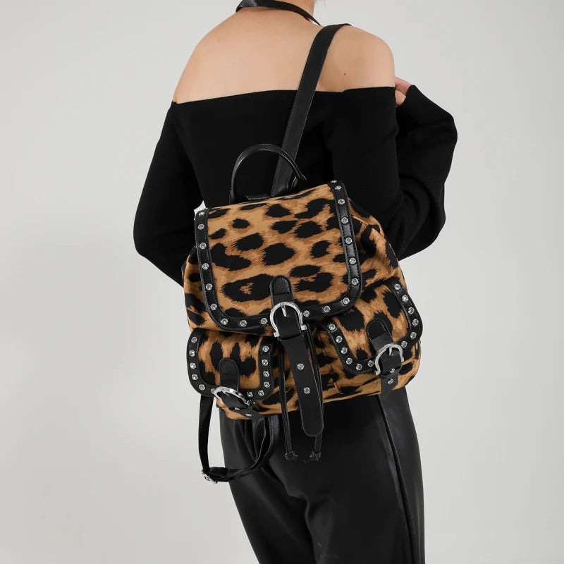 Leopard Rivets Backpacks Design Small Leather Women Drawstring Flap Belt Outer Pockets