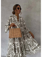 Bohemian Print Midi Dress – V-Neck 3/4 Sleeve Beach Dress