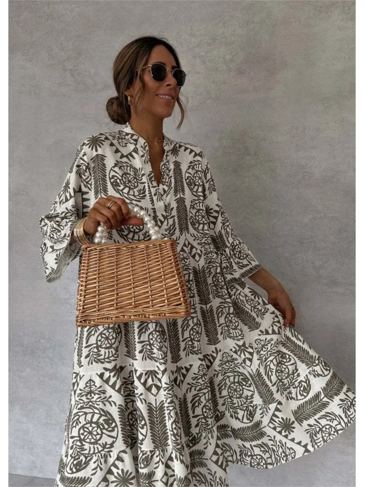 Bohemian Print Midi Dress – V-Neck 3/4 Sleeve Beach Dress