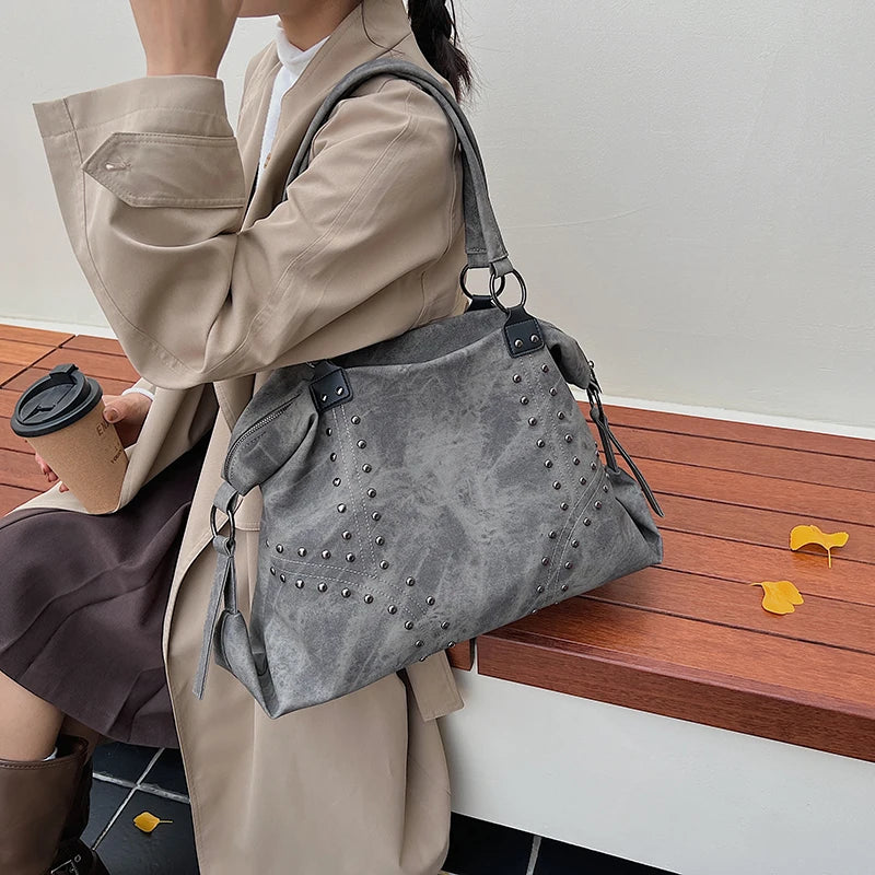 Women's Rivet PU Leather Large Capacity Shoulder Bag – Punk Style Tote Handbag