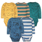 Playful animal print set of five long-sleeve baby bodysuits including mustard koala, teal-peach stripes, teal donkey, blue