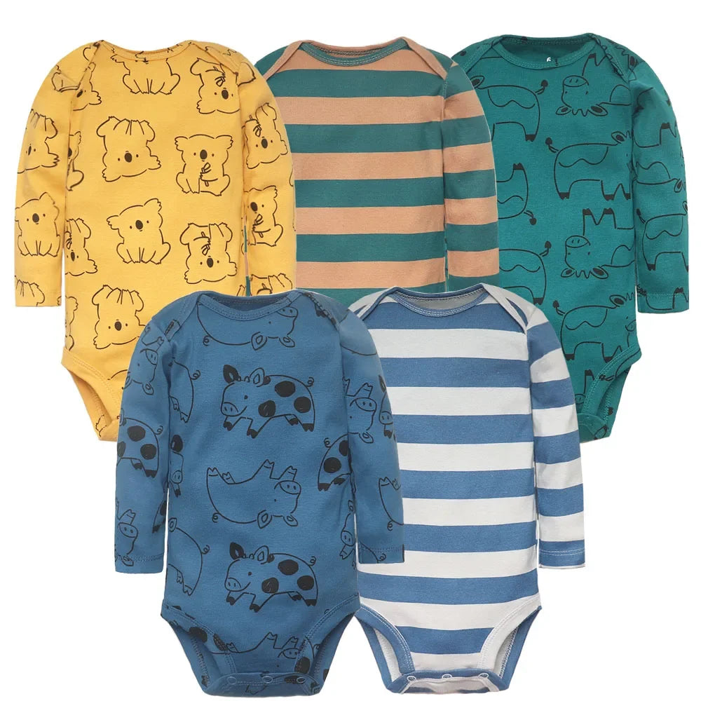 Playful animal print set of five long-sleeve baby bodysuits including mustard koala, teal-peach stripes, teal donkey, blue
