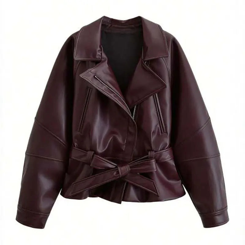 Women's Jacket Vintage Faux Leather Belted Turn-Down Lapel Full-Zip Full-Sleeve Short Motorcycle Coat