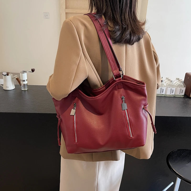 Large Leather Shoulder Bags Soft Women Zipper Outer Pockets Tote Handbags