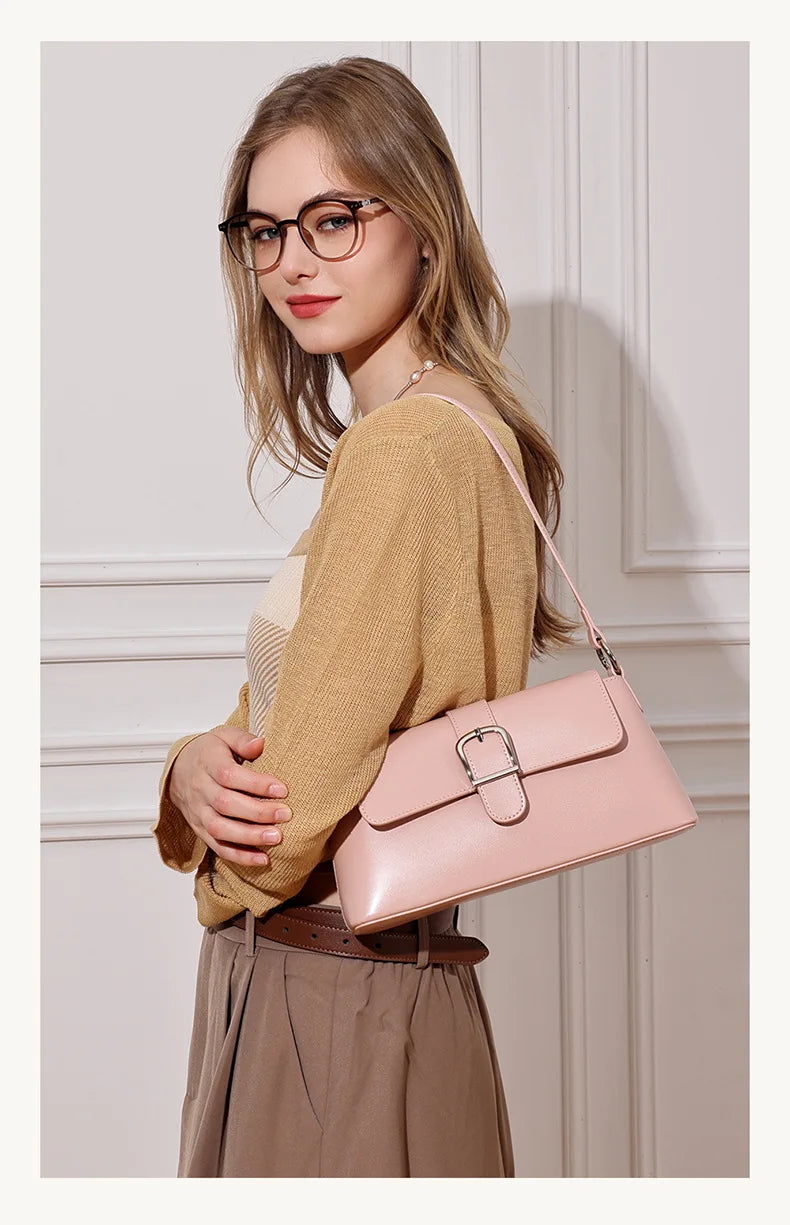 Women's Genuine Leather Baguette Shoulder Bag – Vintage Cowhide Crossbody