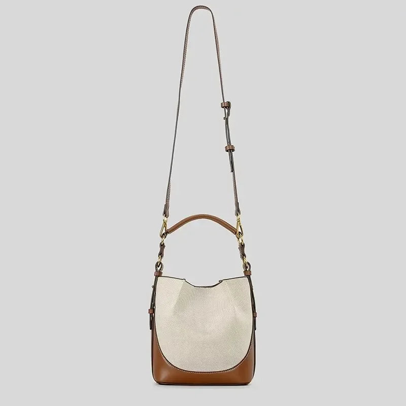 Women's Canvas & PU Leather Bucket Bag with Wide Crossbody Strap