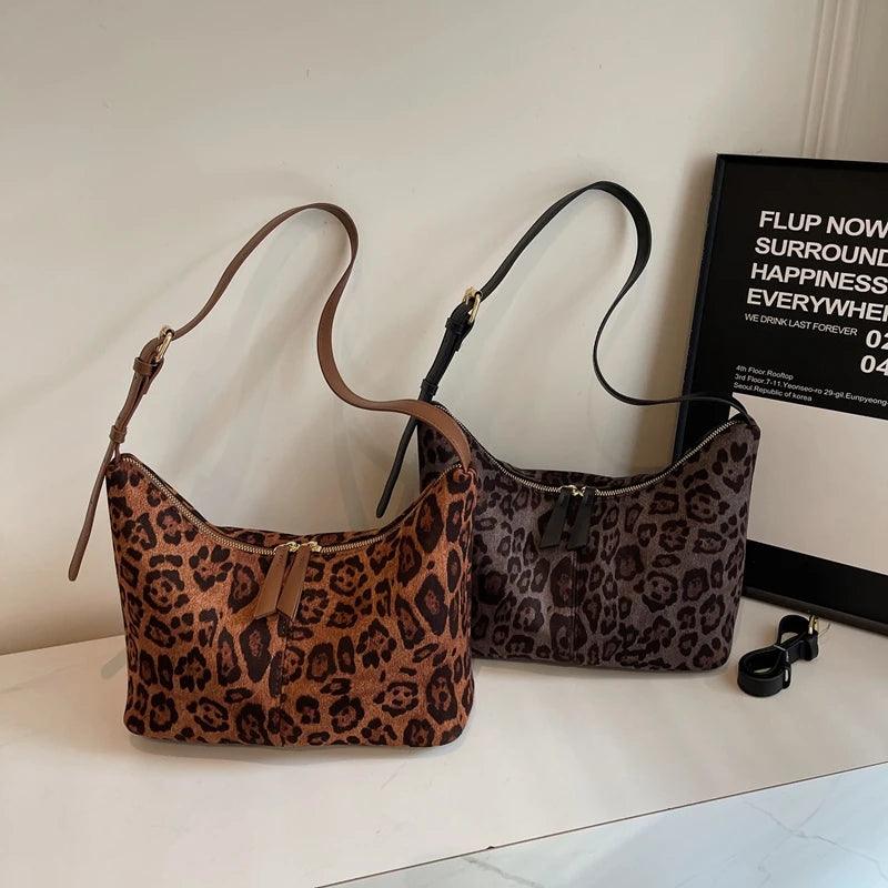 Suede Leopard Shoulder Bags Women Zipper Medium Soft Purse with Adjustable Strap