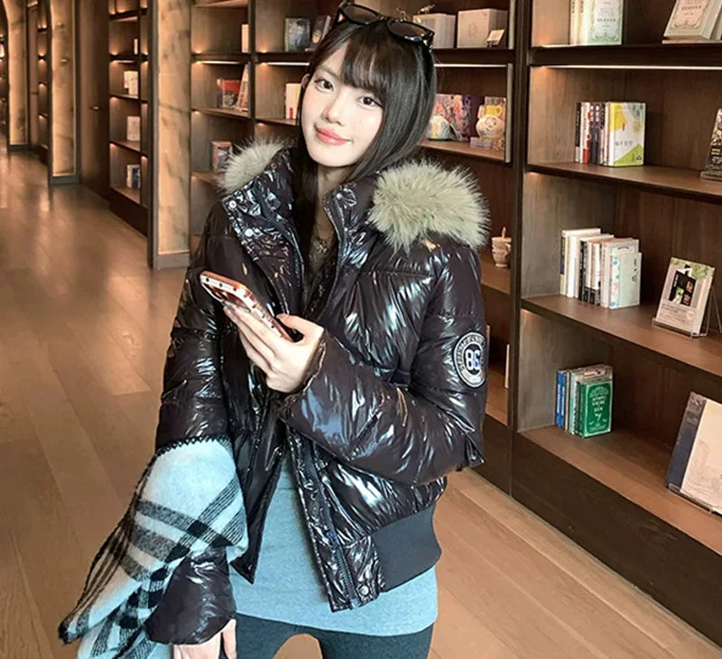 Women's Glossy Hooded Puffer Jacket with Faux Fur Trim