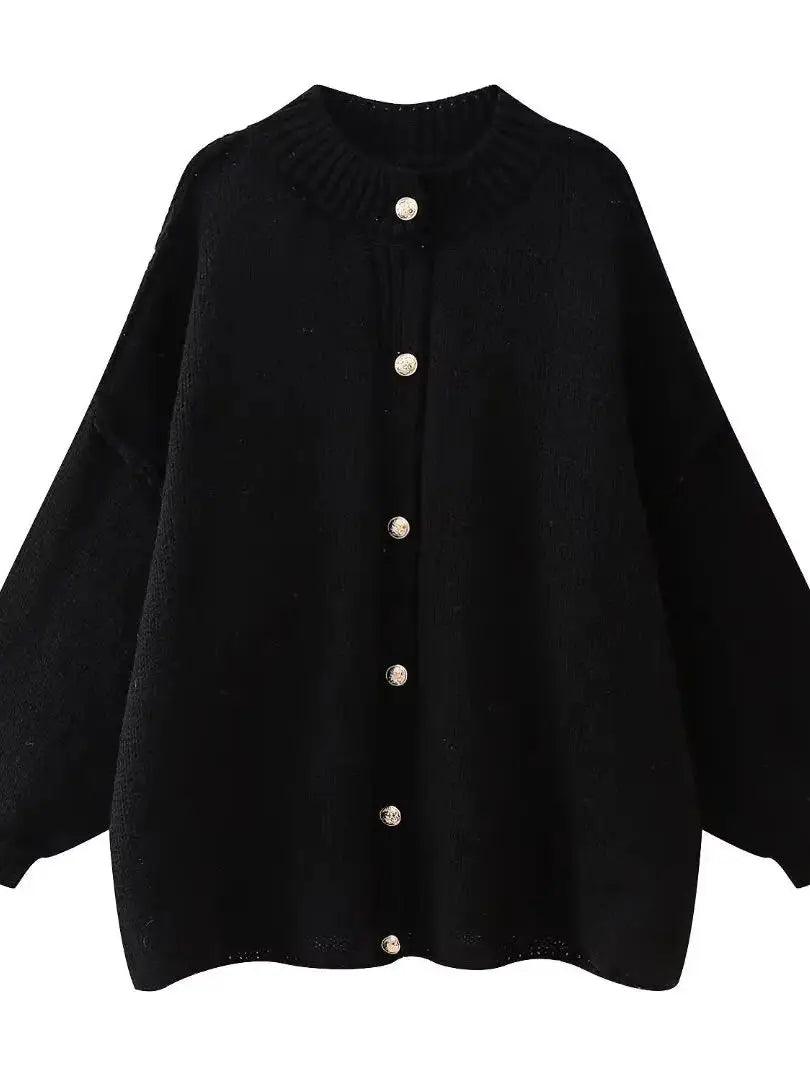 Button Cardigan Round Neck Lantern Long Sleeves Knit Outwear black S2df4ab2b170146a49a80b23271a774bci STYLEINGER
