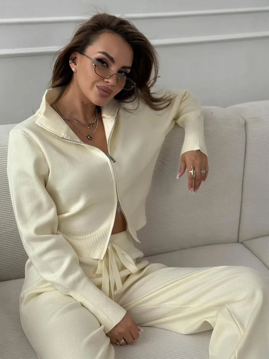 Women's Knit 2-Piece Set Zip-Up Stand Collar Cardigan Wide-Leg Ankle Pants Office Lady Autumn Winter Outfit