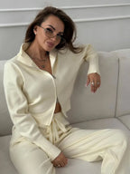 Women's Knit 2-Piece Set Zip-Up Stand Collar Cardigan Wide-Leg Ankle Pants Office Lady Autumn Winter Outfit