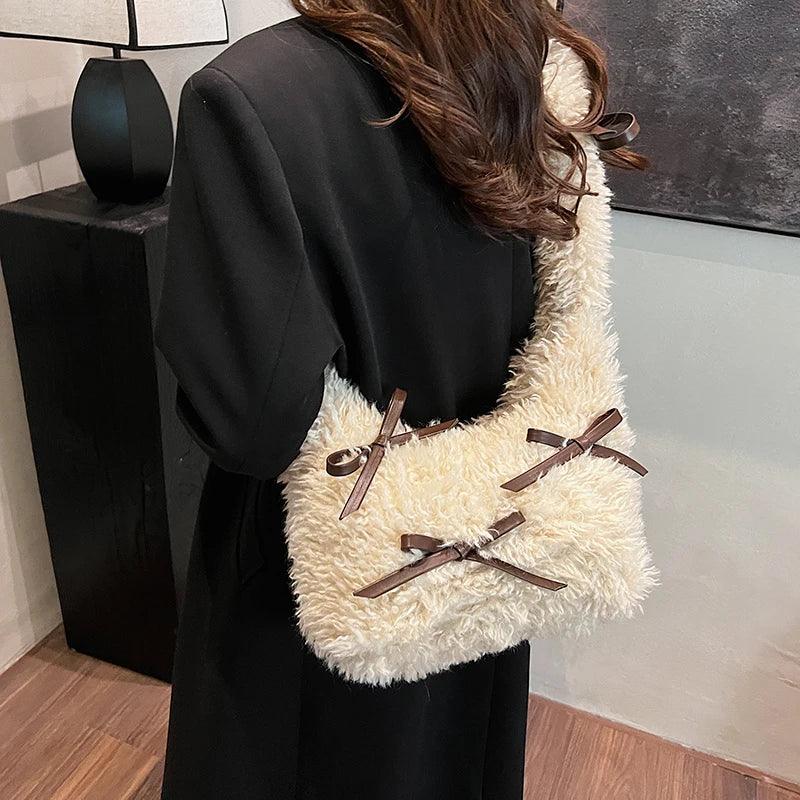 Faux Fur Shoulder Bags Women Bow Brushed Zipper Fuzzy Soft Handbags Medium Purse