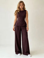 2026 Women Casual Set Elegant Back Tie Sleeveless Peplum Top + Wide Leg Pants 2 Pieces