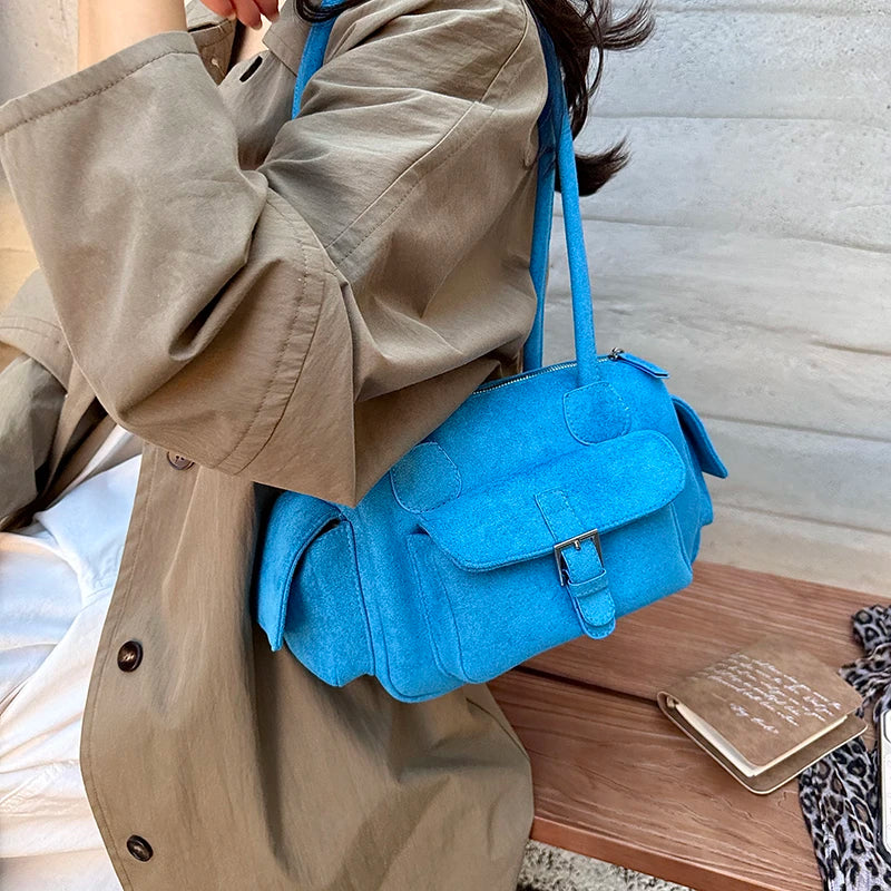 Women's Shoulder Bag Vintage Faux-Suede Baguette Zipper Underarm Bag with Phone Pocket
