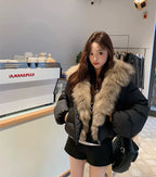 Women's Cropped Puffer Jacket with Faux Fur Collar