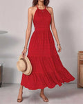 Off-Shoulder Backless Maxi Dress – Sleeveless Ruffle Holiday Dress