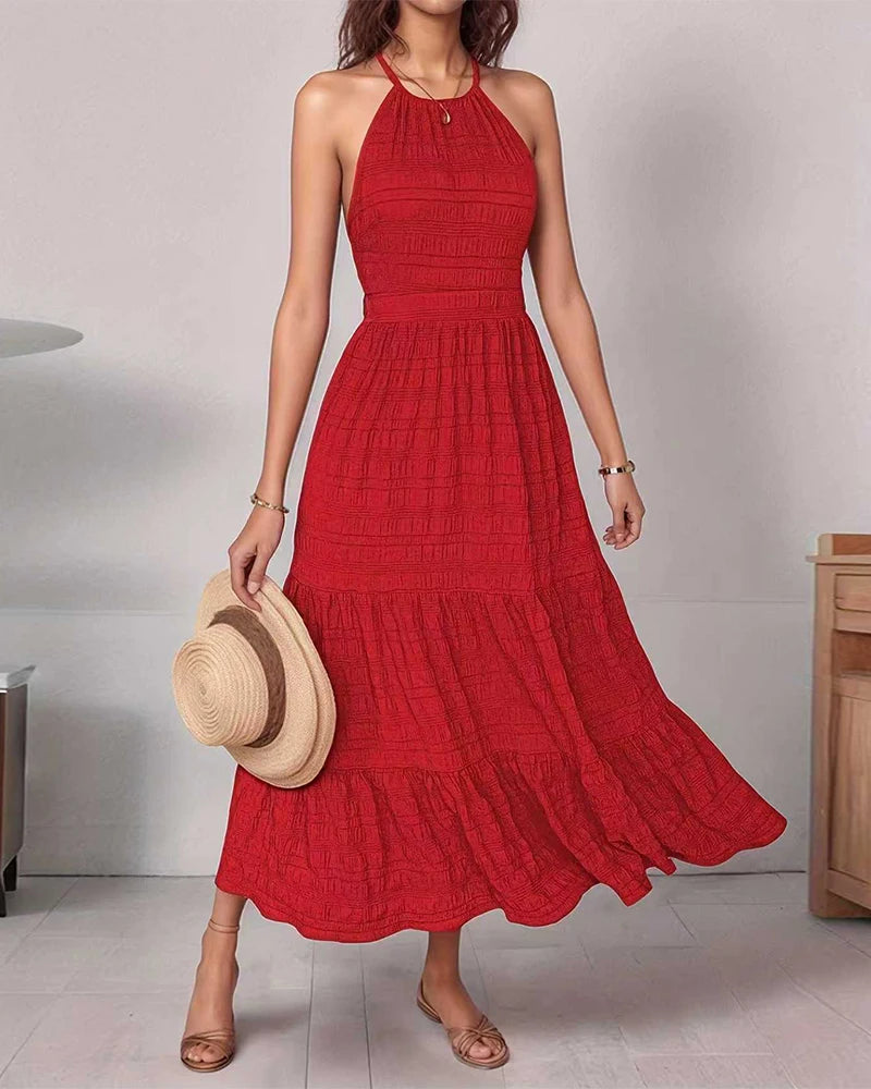 Off-Shoulder Backless Maxi Dress – Sleeveless Ruffle Holiday Dress