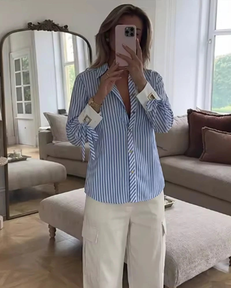 Women's Shirt 2026 Fashion Bow-tie Striped Top Long Sleeve Elegance Chic Daily
