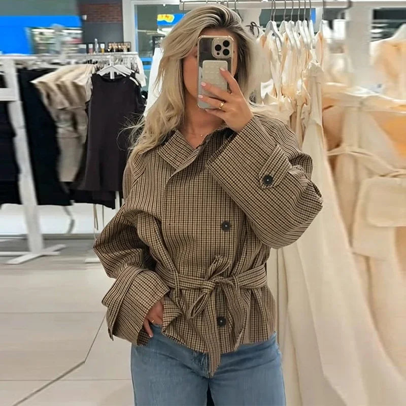 Women's Jacket Polyester Plaid Loose Stand Collar Full-Zip Full-Sleeve Casual Autumn Outerwear
