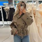 Women's Jacket Polyester Plaid Loose Stand Collar Full-Zip Full-Sleeve Casual Autumn Outerwear