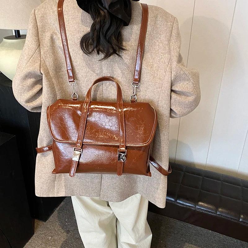 Large Leather Handbags Tote Satchel Flap Push Lock Women Retro Backpacks Purses