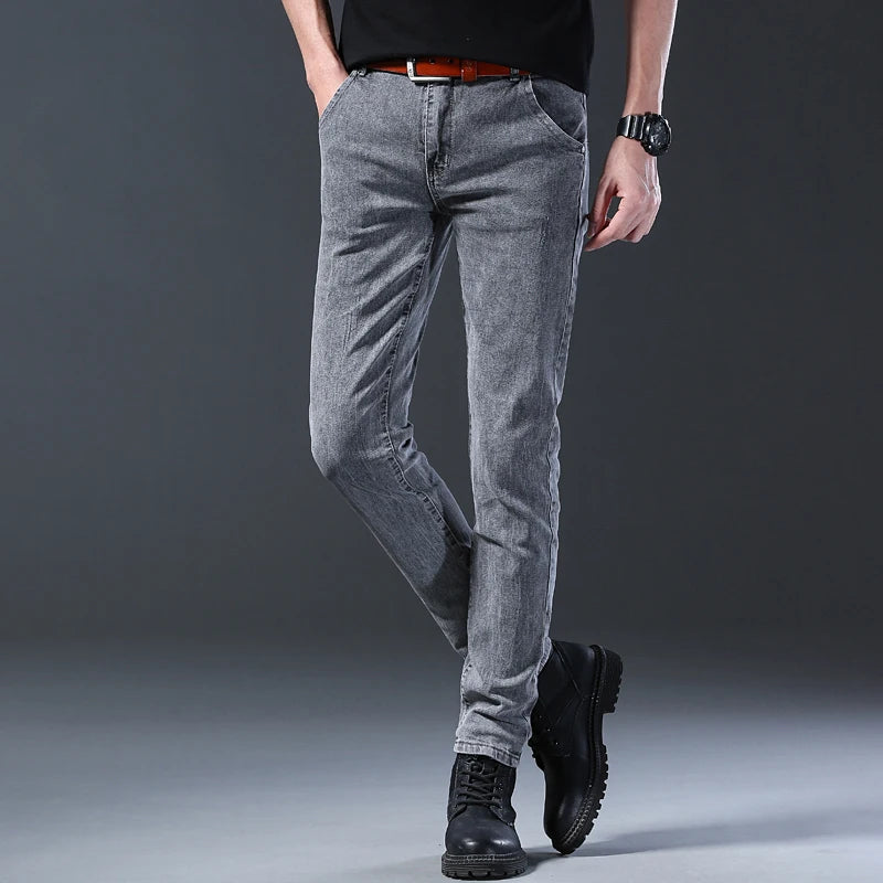 Men's Jeans Slim Fit High-Stretch Straight Leg Mid-Rise Gray Casual Denim Pants