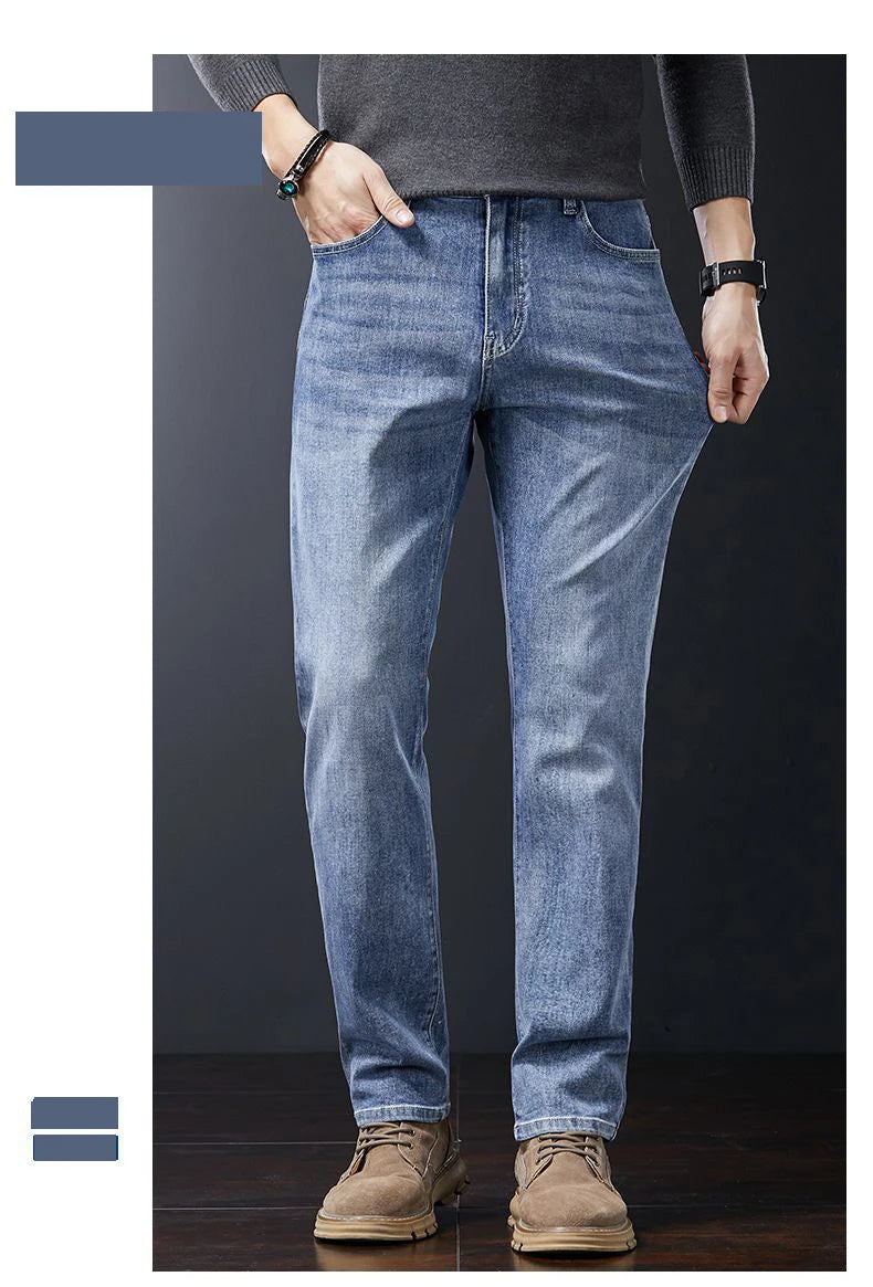 Men's Soft Stretch Straight Jeans Business Casual Slim Fit Wash Denim Pants Korean Fashion Blue Gray Male Brand Trousers