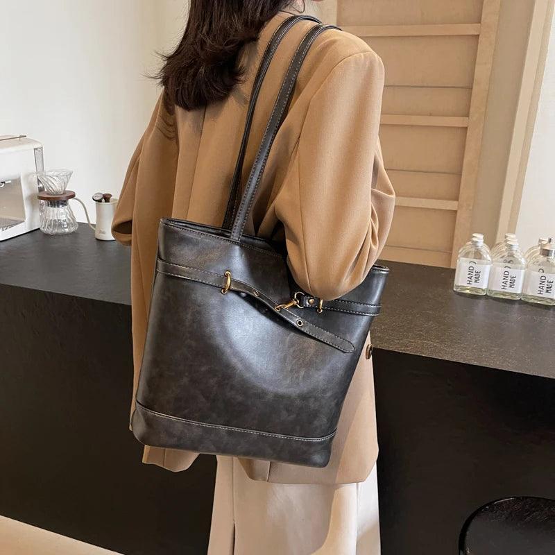 Large Tote Bags Leather Women Lock Buckle Zipper Double Handles Shoulder Bags