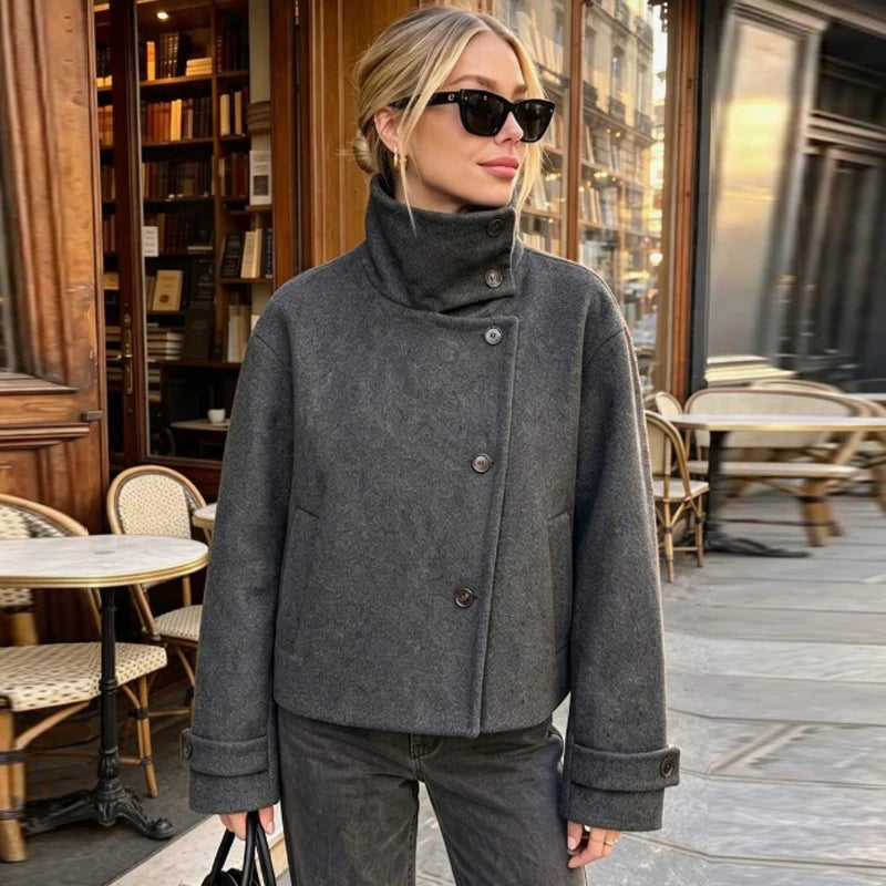 Women's Cropped High-Neck Button-Front Jacket