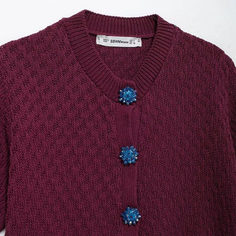 Single Breasted Knitted Sweater V-Neck Short Sleeve Blue Jewel Buttons S2fd9ff545ef0491483199342d35c00e0G STYLEINGER