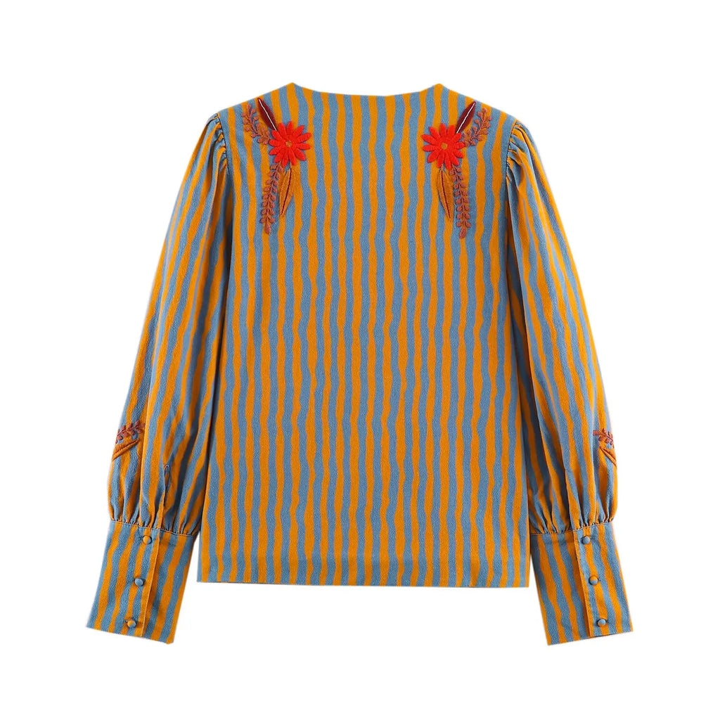 Women's Jacket Vintage Striped Open-Stitch O-Neck Full-Sleeve Cropped Button-Trim Casual Coat