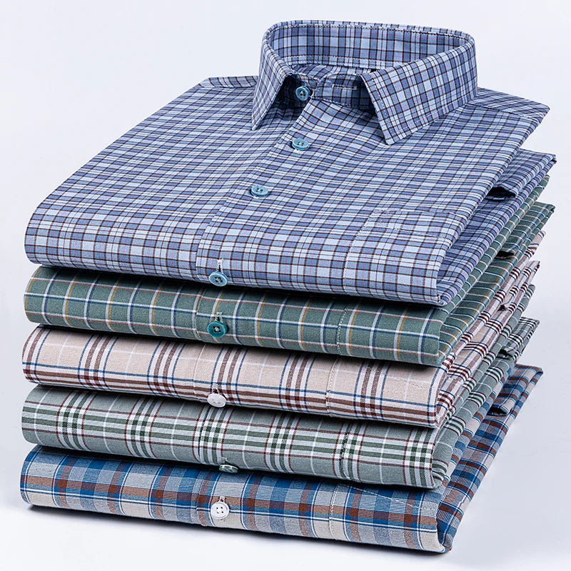 Plus Size 14XL 100%Cotton Long-Sleeve Shirts for Men Slim Fit Formal Plain Shirt Soft Plaid Striped Tops Office Elegants Clothes