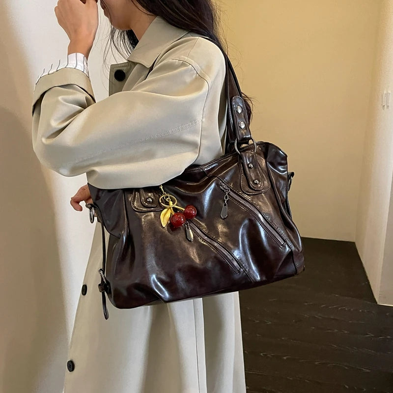 Women's Faux Leather Tote Shoulder Bag with Charm