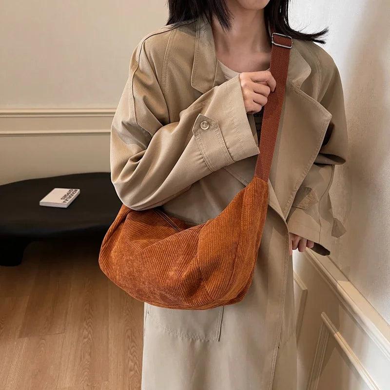 Large Corduroy Soft Fabric Shoulder Bags Women Zipper Solid Hobo Handbags