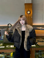 Women's Cropped Puffer Jacket with Faux Fur Collar