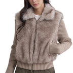 Women's Cropped Faux Fur Jacket with Ribbed Knit Sleeves