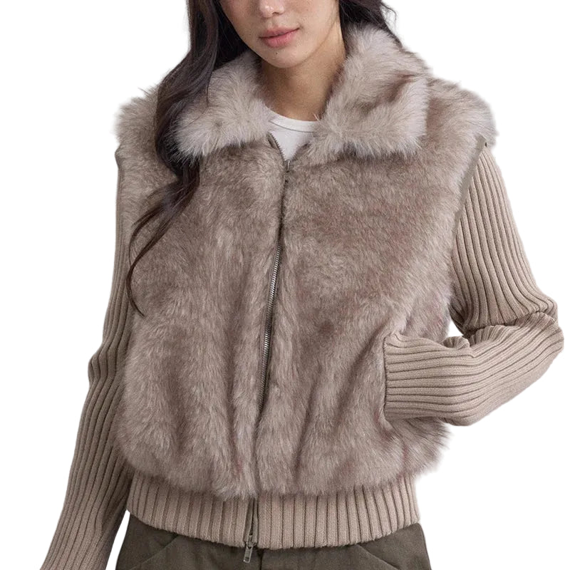 Women's Cropped Faux Fur Jacket with Ribbed Knit Sleeves