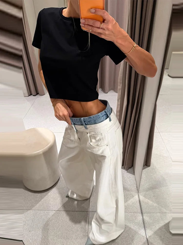 Casual Denim Patchwork Jeans Women Button Zippers Pocket Long Wide Leg Trousers Female 2026 Autumn Winter New Lady Bottoms Chic