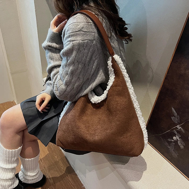 Large Suede Shoulder Bags Women Snap Faux Fur Lined Trim Soft Handbags