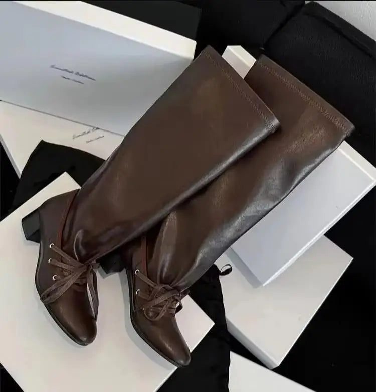 Women's Knee-High Block Heel Boots with Lace-Up Detail