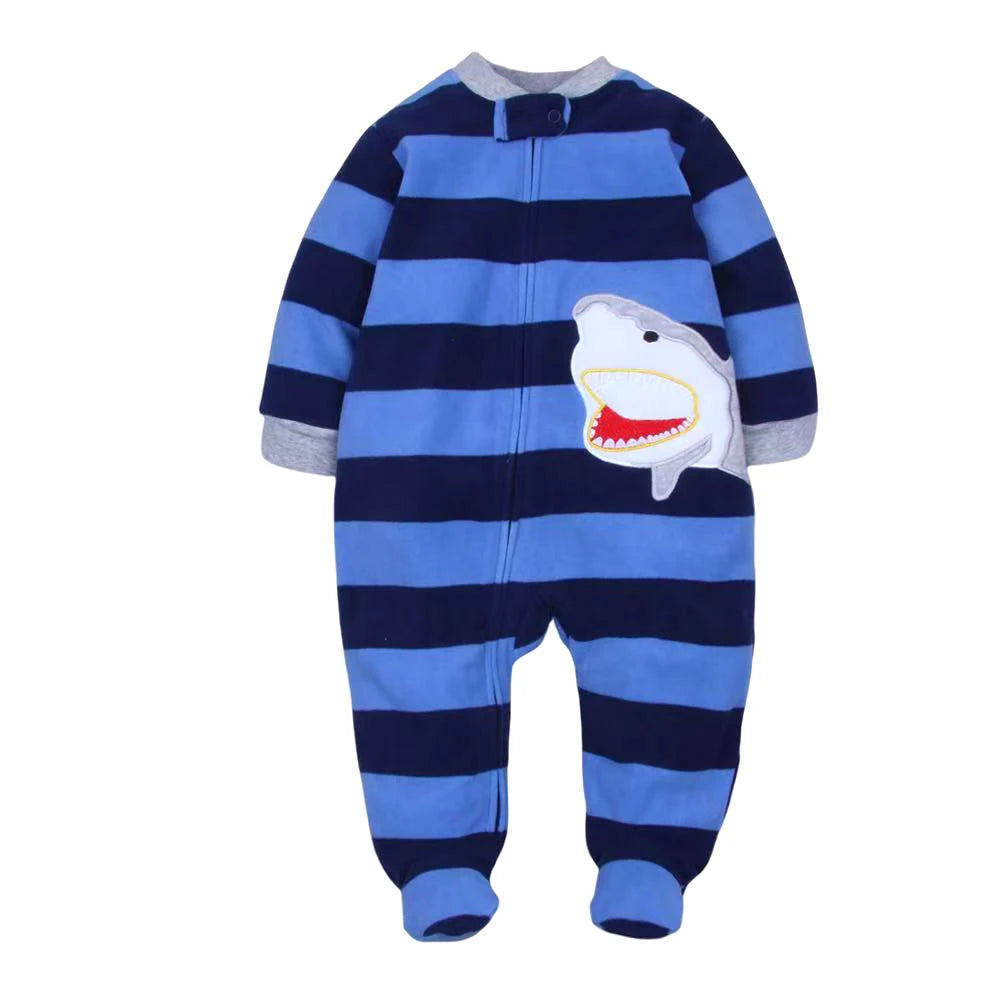 Blue striped footed romper with grey heathered cuffs and shark head applique with open mouth on torso